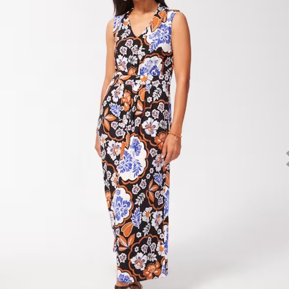 Chico’s Floral Pleat Front Cartegena Maxi Dress Pattern Black Size 2 Nwt